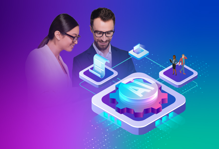 Two people looking closely at something with an overlayed digital image and an AI icon